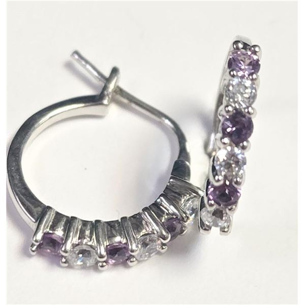 Silver Created Alexandrite Hoop Earrings (~Size )(Ring is resizable for $40) (~length inches), Sugge