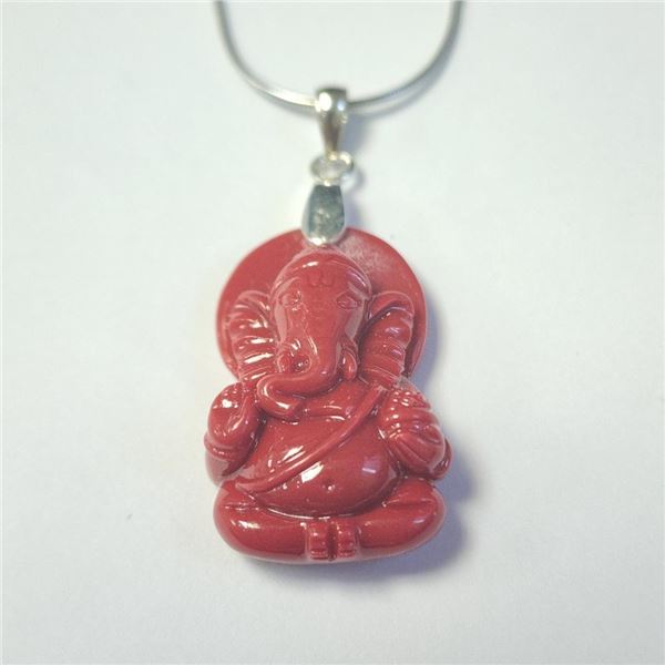 Silver Poly Coral Ganesh 16" Necklace (~Size )(Ring is resizable for $40) (~length inches), Suggeste