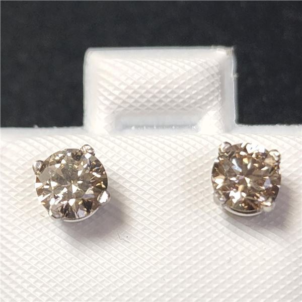 14K White Gold Diamond (0.86Ct,Si1-2,Light Brown) Earrings  (~length inches) (~weight 0.68g), Made i