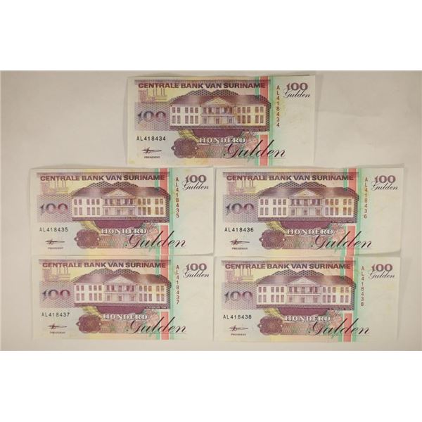 5-BANK OF SURINAME 100 GULDEN CU BILLS WITH