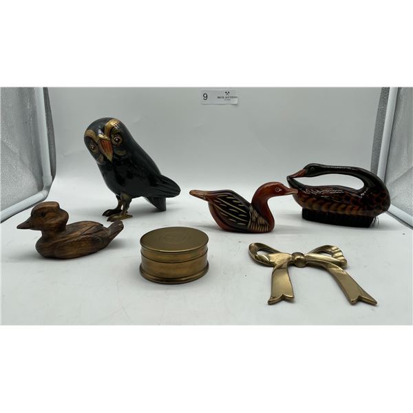Wood carved birds and antique tobacco pot