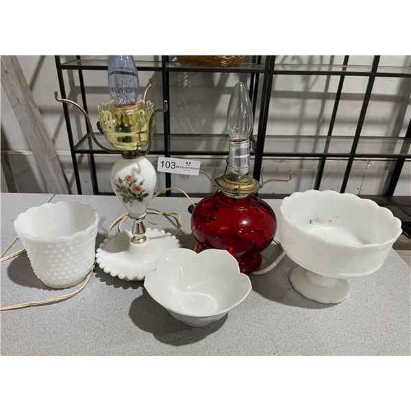 Lamp and milk glass lot
