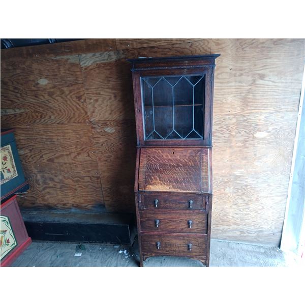 Vintage Secretarys Desk  Leaded Glass Doors With Key