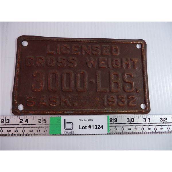 1932 Saskatchewan License Gross Weight Plate