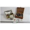 Image 1 : Carved Wooden Box of Buttons - Vintage Tin of Buttons - Jar Buttons - War amp Key Tags