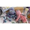 Image 2 : Prints - Dish Tray - (4) Knitted Octopus - Foot Ball - Wooden Kleenex Box - Misc Items