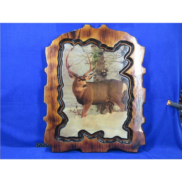 Varnished Wood Picture of Mule Deer - 29" x 23"