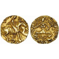 INDIAN COINS. GUPTA COINAGE. Prakasaditya, c. 510-525. Dinar. AV 9.26 g. Horseman, lion-slayer ty…