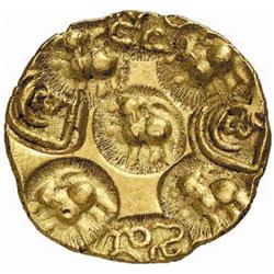 INDIAN COINS. POST-GUPTA. Chalukyas of Kalyana. Pagoda. AV 3.88 g. Lion-punch five times, “Sri” t…