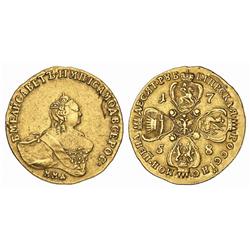 Russian Coins and Historical Medals. Elizabeth I, 1741-1761. 10 Roubles 1758 ???. 16.49 gm. GOLD.…