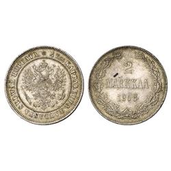 Russian Coins and Historical Medals. Russo-Finnish Coinage. 2 Markaa 1906 L. Bit 396, KM 7.2. Gol…