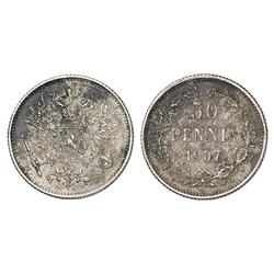 Russian Coins and Historical Medals. Russo-Finnish Coinage. 50 Pennia 1907 L. Bit 402. KM 2.2. Un…