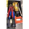 Image 2 : CRATE AND TRAY OF TOOLS, BOTTLE JACK, EXTENTION CORD, LEVEL