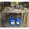 Image 7 : LOT OF 2 HD STEEL WORK TABLES W/ 2 BARRELS OF