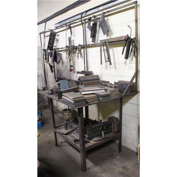 HD STEEL WORK TABLE W/ WALL RACK FULL OF SCRAP