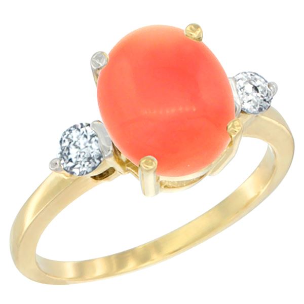 0.20 CTW Diamond & Natural Coral Ring 10K Yellow Gold - REF-61V5R