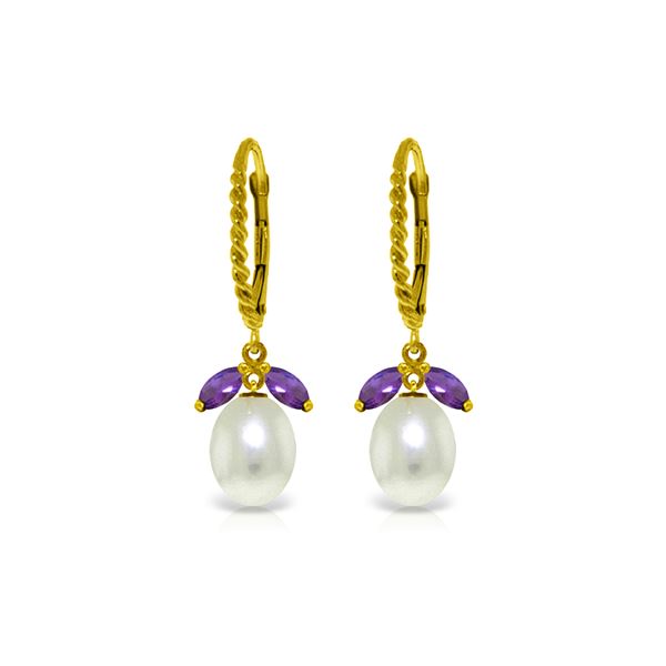 Genuine 9 ctw Amethyst & Pearl Earrings 14KT Yellow Gold - REF-39X3M