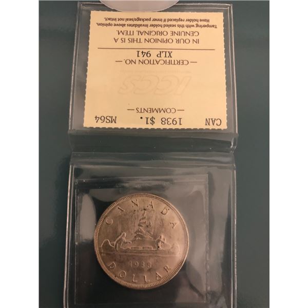 1938 King George VI Canadian Silver Dollar ICCS-MS-64 Blast White