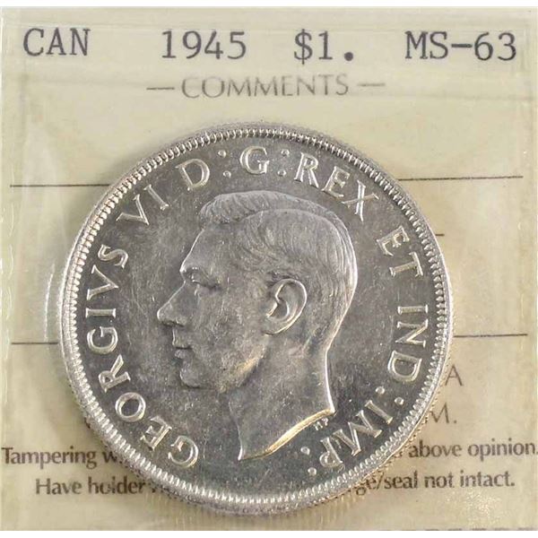 1945 King George VI Canadian Silver Dollar ICCS-MS-63
