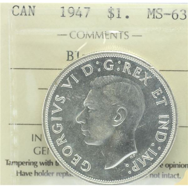 1947 Blunt King George VI Canadian Silver Dollar ICCS MS-63