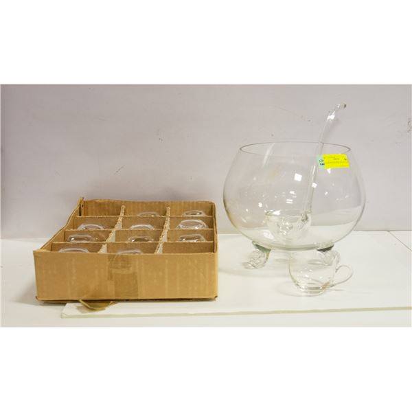 GLASS PUNCH BOWL WITH GLASSES