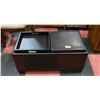 Image 1 : LEATHER STORAGE BENCH/TABLE WITH 2 WOOD TRAYS