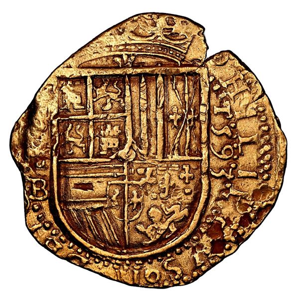 Seville, Spain, gold cob 4 escudos, 1593 date to right, assayer B below denomination IIII and mintma