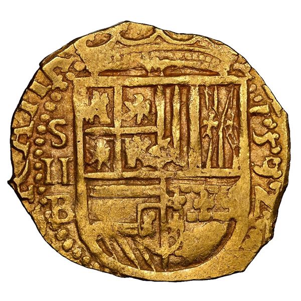 Seville, Spain, gold cob 2 escudos, 1592 date to right, assayer B below denomination II and mintmark
