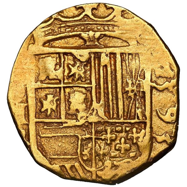 Seville, Spain, gold cob 2 escudos, 1593 date to right, assayer B below denomination and mintmark to