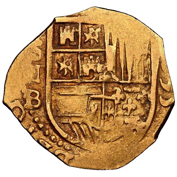 Seville, Spain, gold cob 2 escudos, 1595 date to right, assayer B below denomination II and mintmark