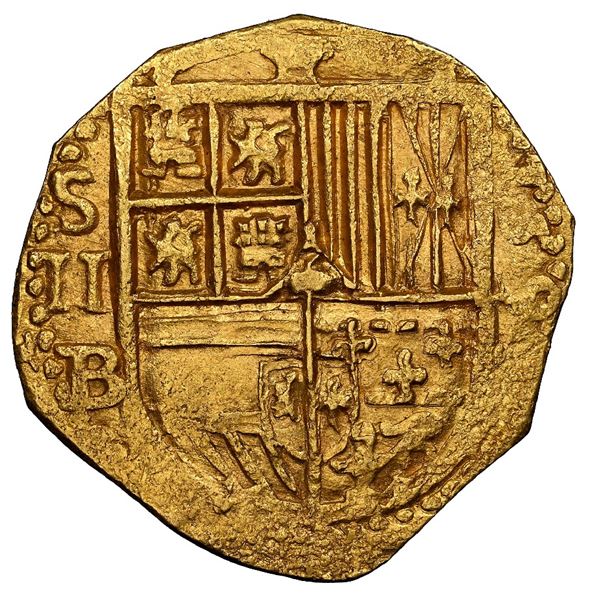 Seville, Spain, gold cob 2 escudos, 159(?) date to right, assayer B below denomination II and mintma