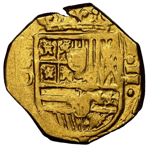 Seville, Spain, gold cob 2 escudos, 1618 D, NGC AU 55, finest and only example in NGC census.