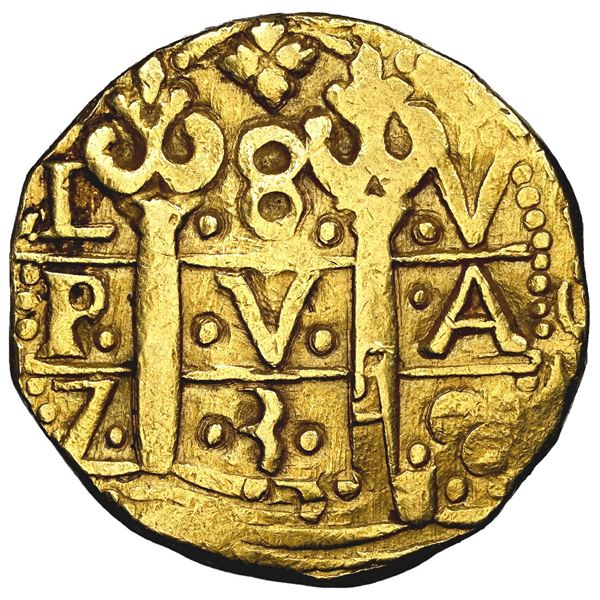 Lima, Peru, gold cob 8 escudos, 1739 V, NGC AU 53.