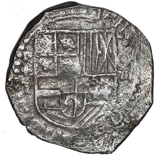 Potosi, Bolivia, cob 8 reales, 1618 T, date at 9 o'clock, Grade 1.