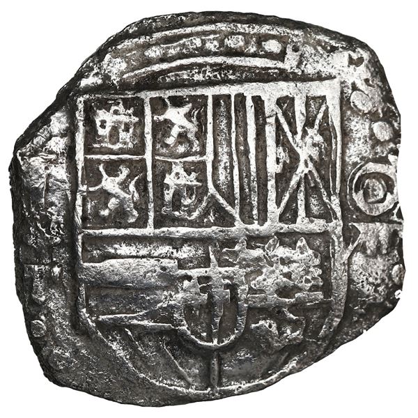 Potosi, Bolivia, cob 8 reales, Philip III, assayer T, quadrants of cross transposed, 4R-sized shield