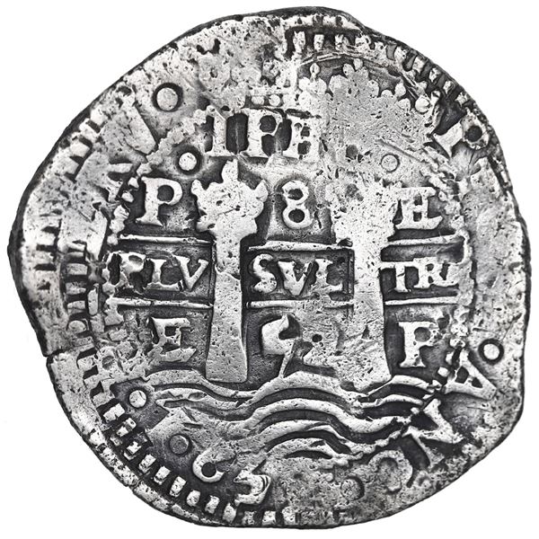 Potosi, Bolivia, cob 8 reales, 1652 E post-transitional (Transitional Type VIII/B), 1-PH-6 at top, e