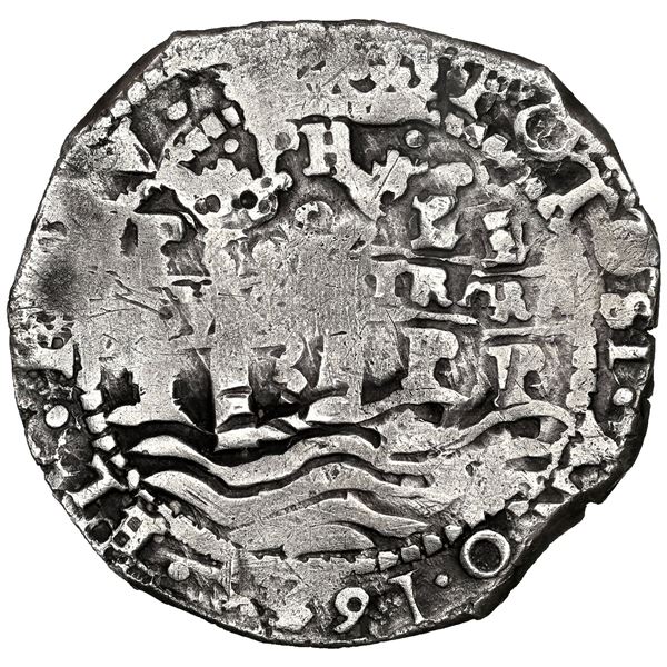 Potosi, Bolivia, cob 8 reales, 1653 E, dot-PH-dot at top, dot-653-dot below and dot-pomegranate-dot