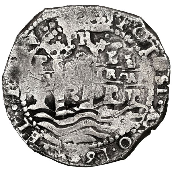 Potosi, Bolivia, cob 8 reales, 1653 E, dot-PH-dot at top, dot-653-dot below and dot-pomegranate-dot 