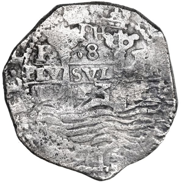 Potosi, Bolivia, cob 8 reales, 1653 E, PH at top, four-digit date below and dot-pomegranate-dot abov