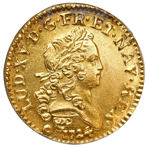 France (Bordeaux mint), gold louis d'or mirliton, Louis XV, 1724-K, NGC MS 62 / Le Chameau (Shipwrec