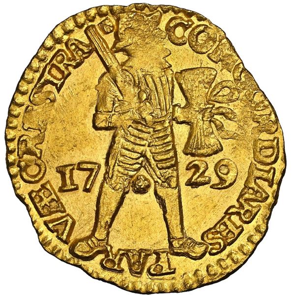 Utrecht, United Netherlands, gold ducat, 1729, NGC MS 62 / Vliegenthart (Shipwreck Blue Label).