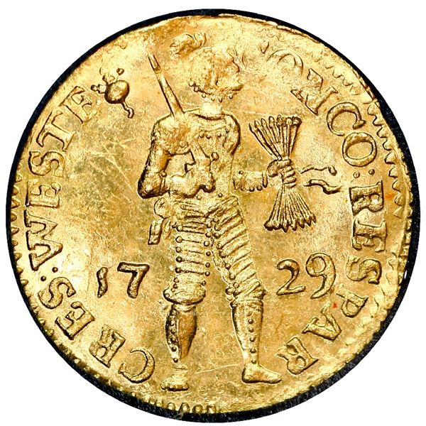 Westfriesland, United Netherlands, gold ducat, 1729, in original promotional holder.
