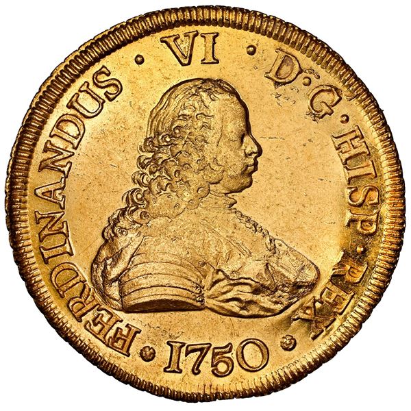 Santiago, Chile, gold bust 8 escudos, Ferdinand VI, 1750 J, NGC AU 58 / La Luz (Shipwreck Blue Label