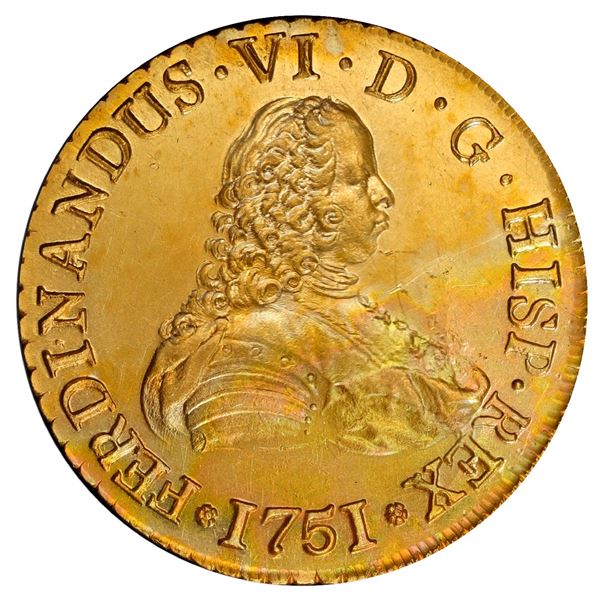 Santiago, Chile, gold bust 8 escudos, Ferdinand VI, 1751 J, PCGS AU58 / La Luz.