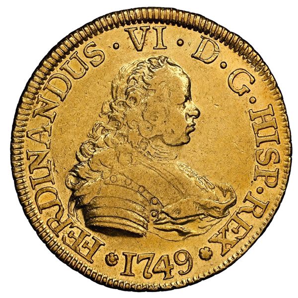 Santiago, Chile, gold bust 4 escudos, Ferdinand VI, 1749 J, NGC AU 53 / La Luz (Shipwreck Blue Label