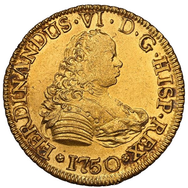 Santiago, Chile, gold bust 4 escudos, Ferdinand VI, 1750/5 J, NGC MS 60 / La Luz (Shipwreck Blue Lab