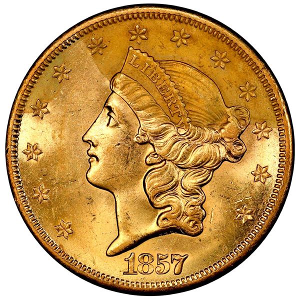 USA (San Francisco Mint), gold $20 Coronet Liberty "double eagle," 1857-S, bold 7, faint S, PCGS UNC