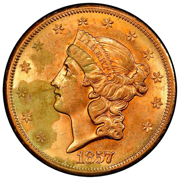 USA (San Francisco Mint), gold $20 Coronet Liberty "double eagle," 1857-S, bold 7, faint S, PCGS UNC