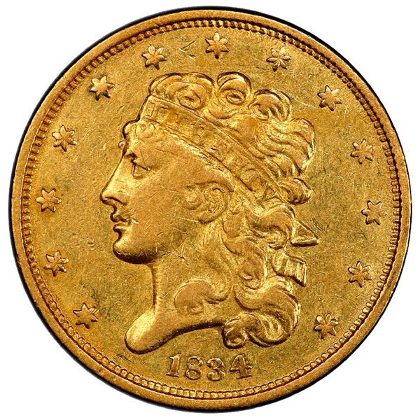 USA (Philadelphia Mint), gold $5 Classic Liberty "half eagle," 1834, plain 4, PCGS XF 45, with pinch