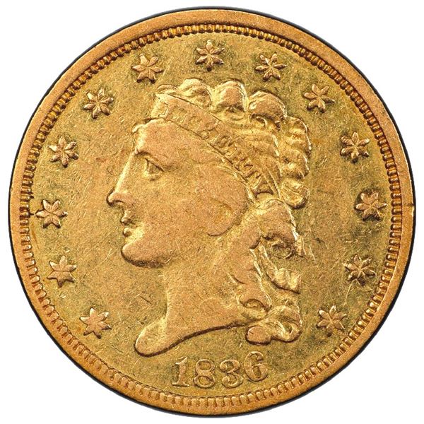 USA (Philadelphia Mint), gold $2-1/2 Classic Liberty "quarter eagle," 1836, script 8, PCGS VF 30, wi